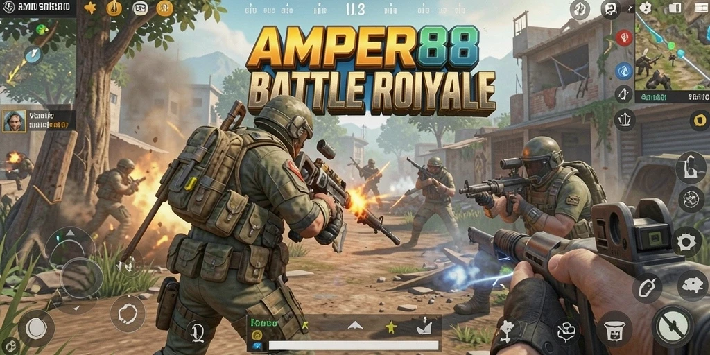 Screenshot gameplay AMPER88 menampilkan aksi pertempuran yang mendebarkan.