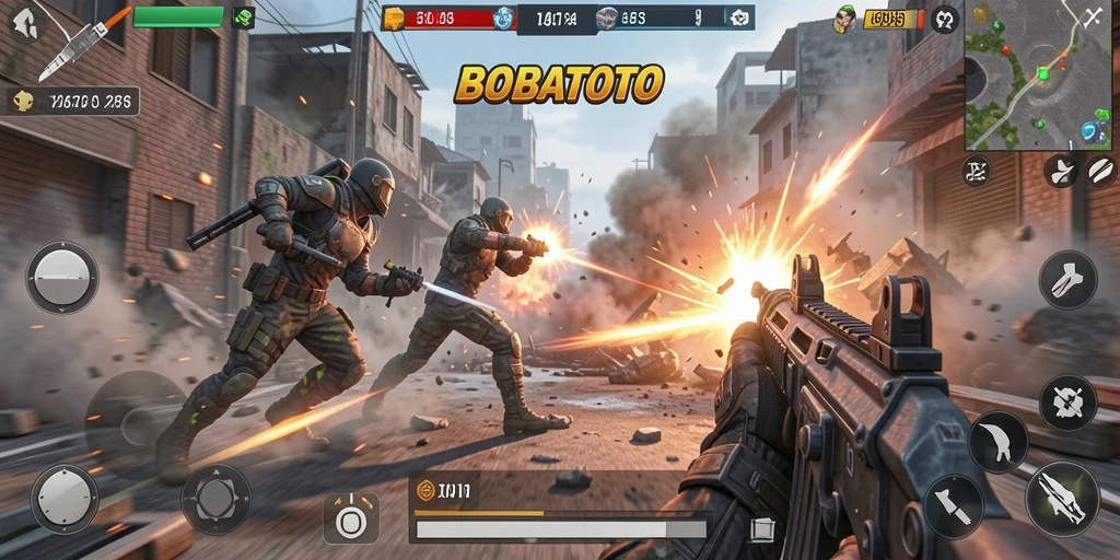 Gameplay seru BOBATOTO dengan aksi tembak-menembak intens.