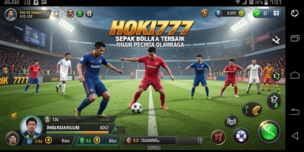 Screenshot gameplay HOKI777 menunjukkan aksi penuh semangat di lapangan sepak bola.