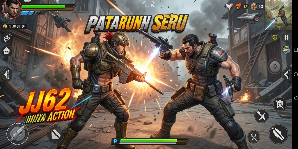 Tangkapan layar gameplay JJ62 yang menunjukkan pertarungan yang mendebarkan.