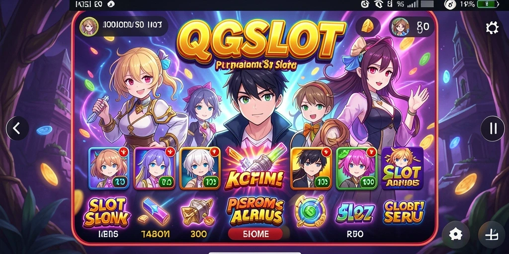 Gameplay QQSLOT yang seru dengan karakter anime berwarna-warni.