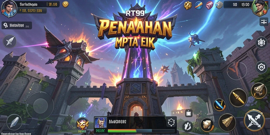 Tangkapan layar gameplay RT99 menampilkan menara dan musuh yang intens dalam strategi Tower Defense.