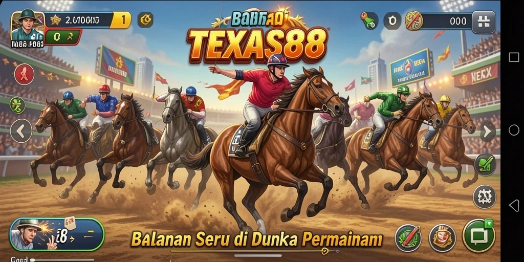 Gameplay seru TEXAS88 dengan kendaraan balap di lintasan.